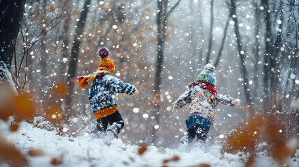 Children chasing each other through a snowy forest their colorful hats and scarves bouncing as they run.