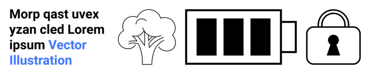 Tree next to a battery level indicator and padlock, combining themes of environmental conservation, energy management, and security. Ideal for sustainability, technology, data protection, and clean