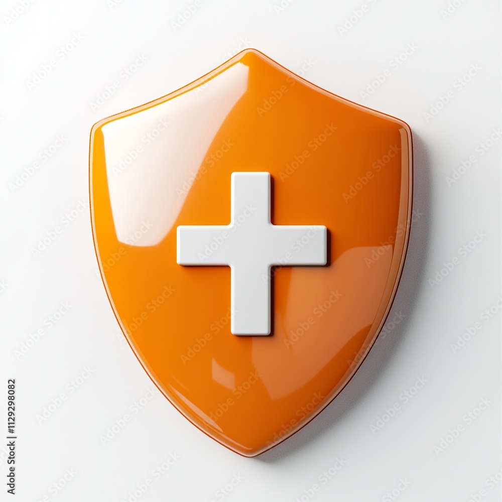 Poster a detailed 3d render showcasing an orange shield with a first aid cross, highlighted by soft lightin