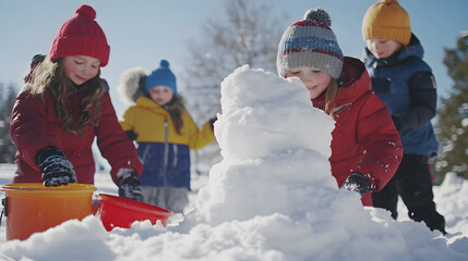 Children collecting snow in buckets to build an icy tower carefully stacking the snow into a unique structure.
