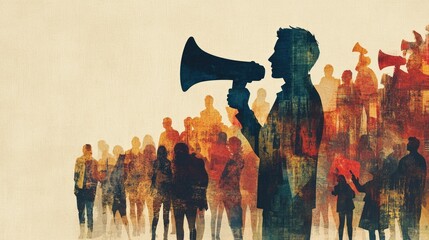 A man speaking through a megaphone to a large crowd.  Diverse people listen attentively.