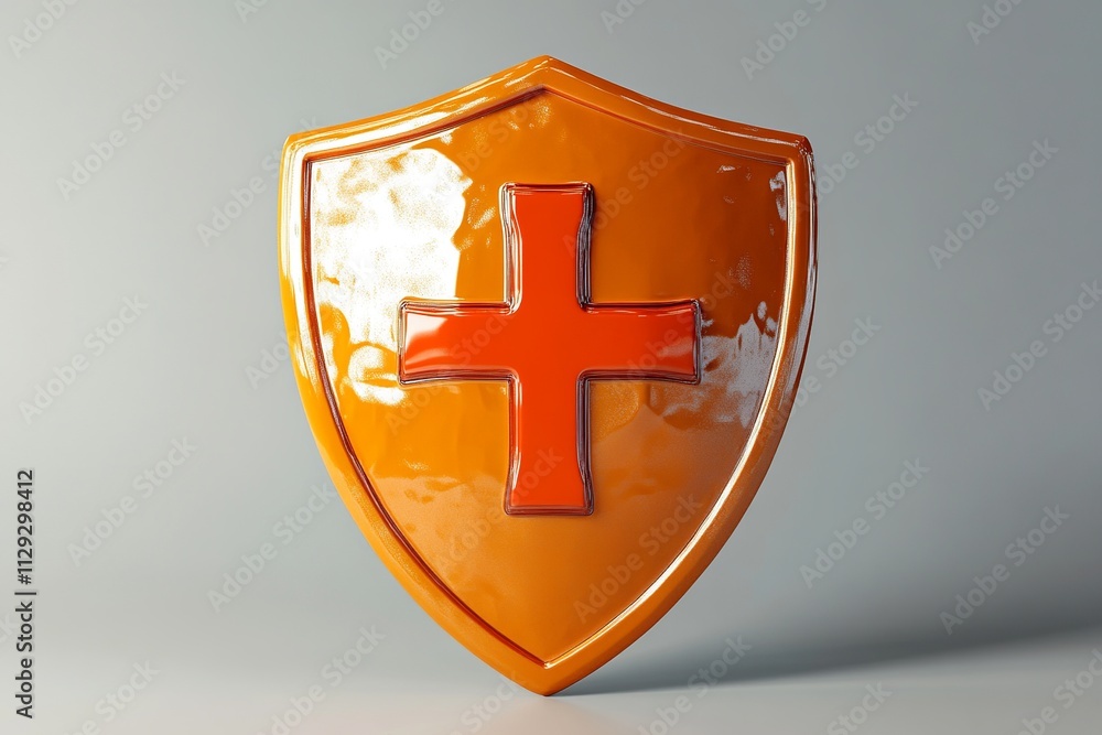 Poster a detailed 3d render showcasing an orange shield with a first aid cross, highlighted by soft lightin