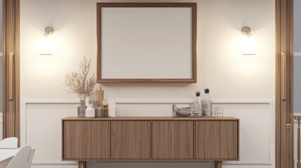 Top-down,view,kitchenette,featuring,sideboard,A4,poster,frame,wooden,accents,warm,ambiance,from,soft,lighting.