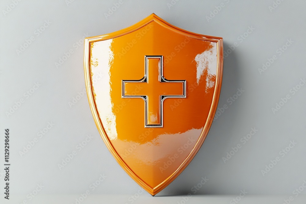 Poster a detailed 3d render showcasing an orange shield with a first aid cross, highlighted by soft lightin