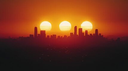 Fototapeta premium Silhouette of a modern city skyline at sunset with two suns. Horizon. Illustration