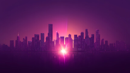 Obraz premium Skyline graphic design. digital illustration. halo wallpaper. dark violet background with luminous shining light glare horizon line lens flare. Horizon. Illustration