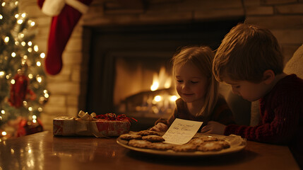 Children leaving a note for Santa by the fireplace with stockings hung and a plate of cookies nearby on Christmas Eve.