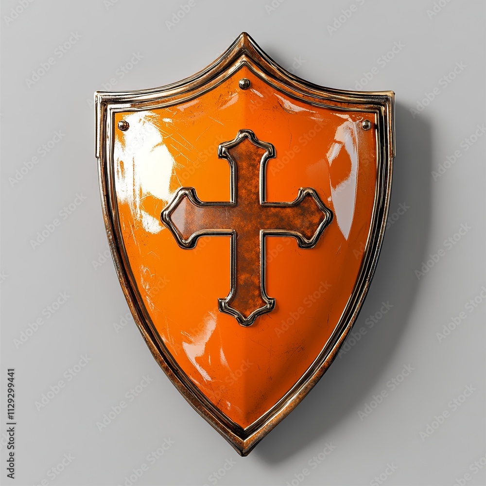 Poster a detailed 3d render showcasing an orange shield with a first aid cross, highlighted by soft lightin