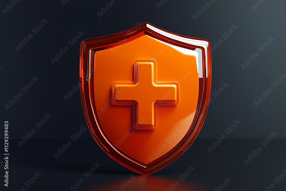 Poster a detailed 3d render showcasing an orange shield with a first aid cross, highlighted by soft lightin
