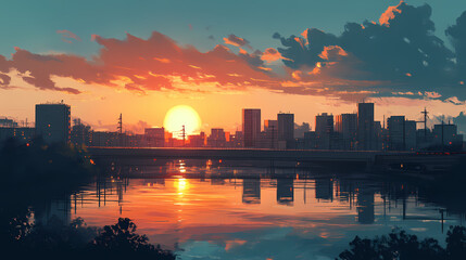 Fototapeta premium Sunset reflection on urban skyline. Horizon. Illustration