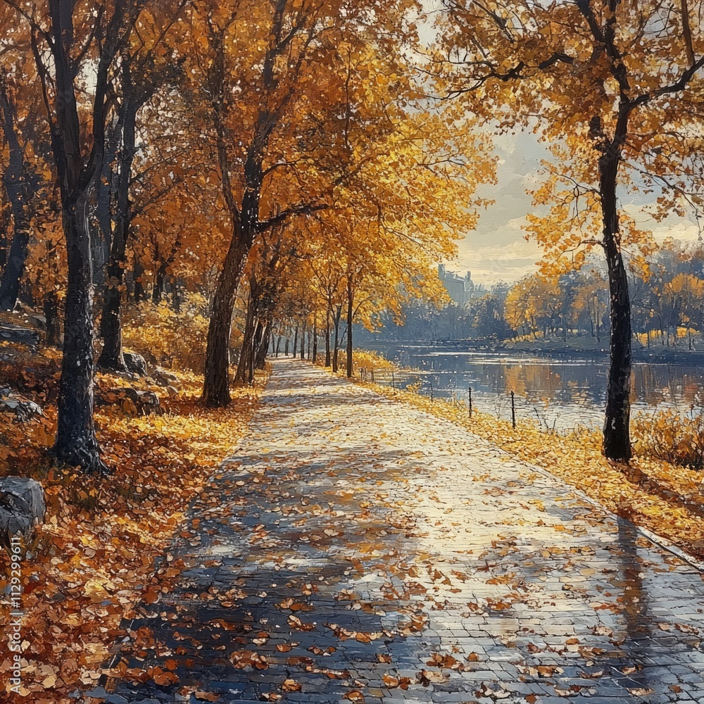 Poster a serene path surrounded by trees with fallen autumn leaves