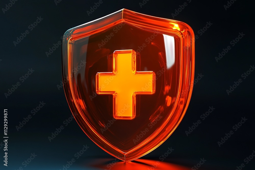 Poster a detailed 3d render showcasing an orange shield with a first aid cross, highlighted by soft lightin
