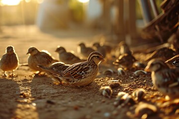 Obraz premium Buttonquail chick standing on the ground, with other chicks in the background