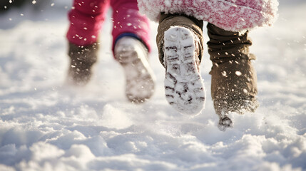 Children racing through the snow bundled in thick winter clothes their footprints marking the white landscape.