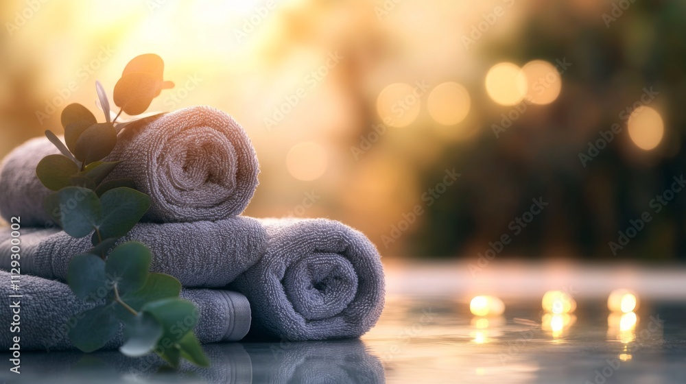 Poster soft, rolled towels are neatly stacked on a smooth surface, surrounded by gentle greenery. the warm 