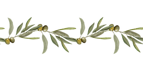 Olive branch seamless border. Hand drawn watercolor illustration. Green and black olive berries, leaves and twigs.