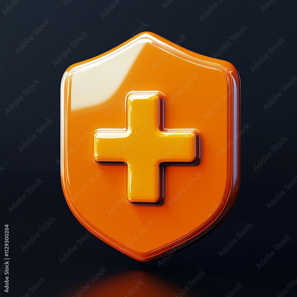 Poster a detailed 3d render showcasing an orange shield with a first aid cross, highlighted by soft lightin