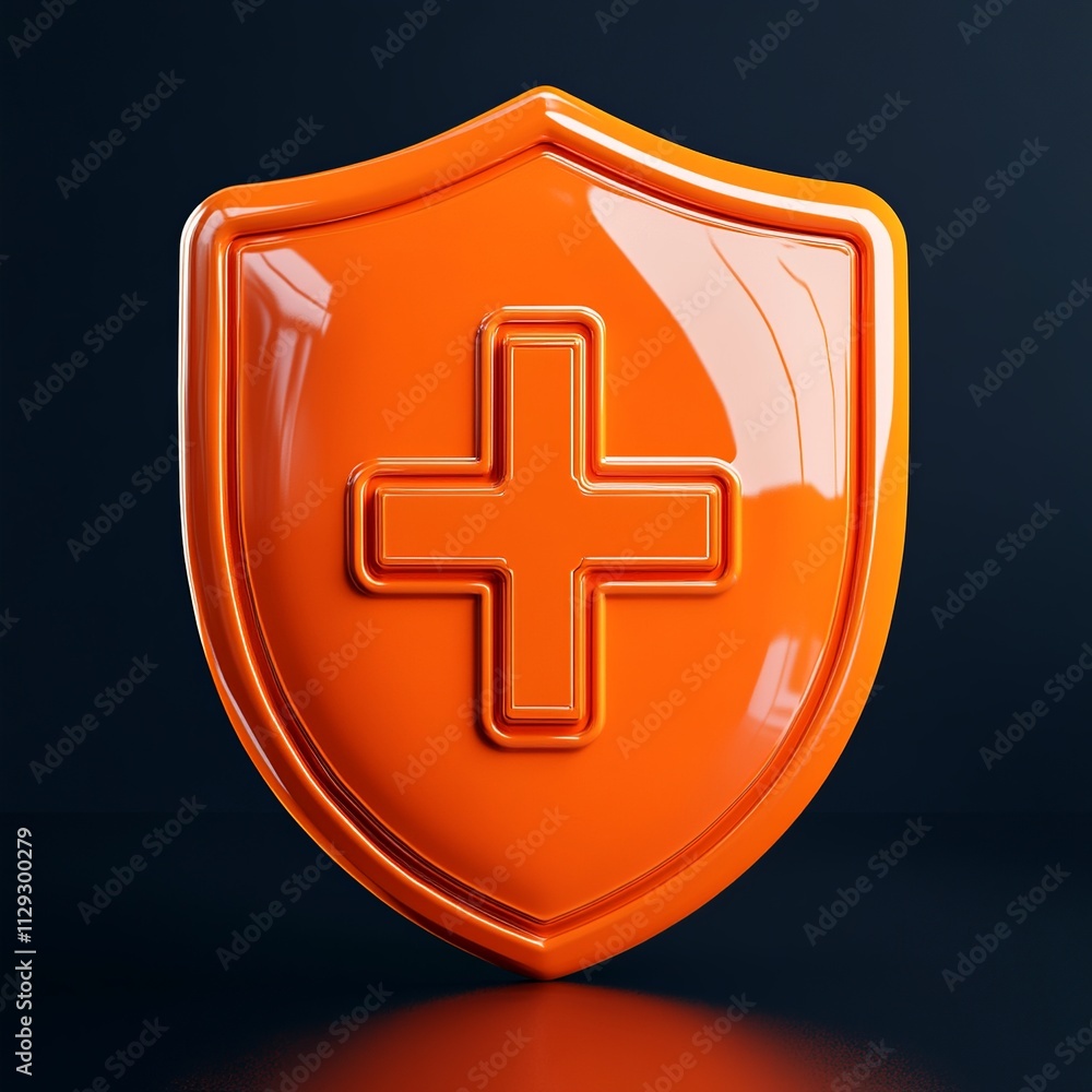 Poster a detailed 3d render showcasing an orange shield with a first aid cross, highlighted by soft lightin