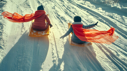 Children sledding down a snowy hill leaving tracks behind in the fresh snow bright scarves blowing in the wind.