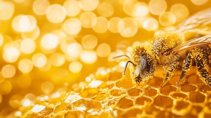 Extreme macro shot of a bee covered in pollen on a honeycomb surface with a golden bokeh background