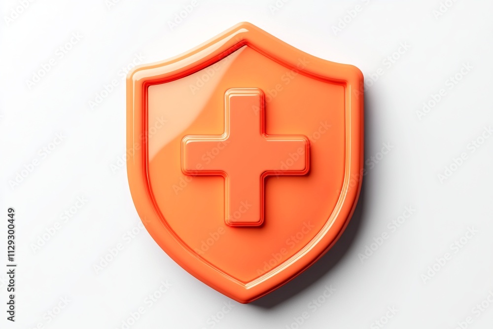 Poster a detailed 3d render showcasing an orange shield with a first aid cross, highlighted by soft lightin