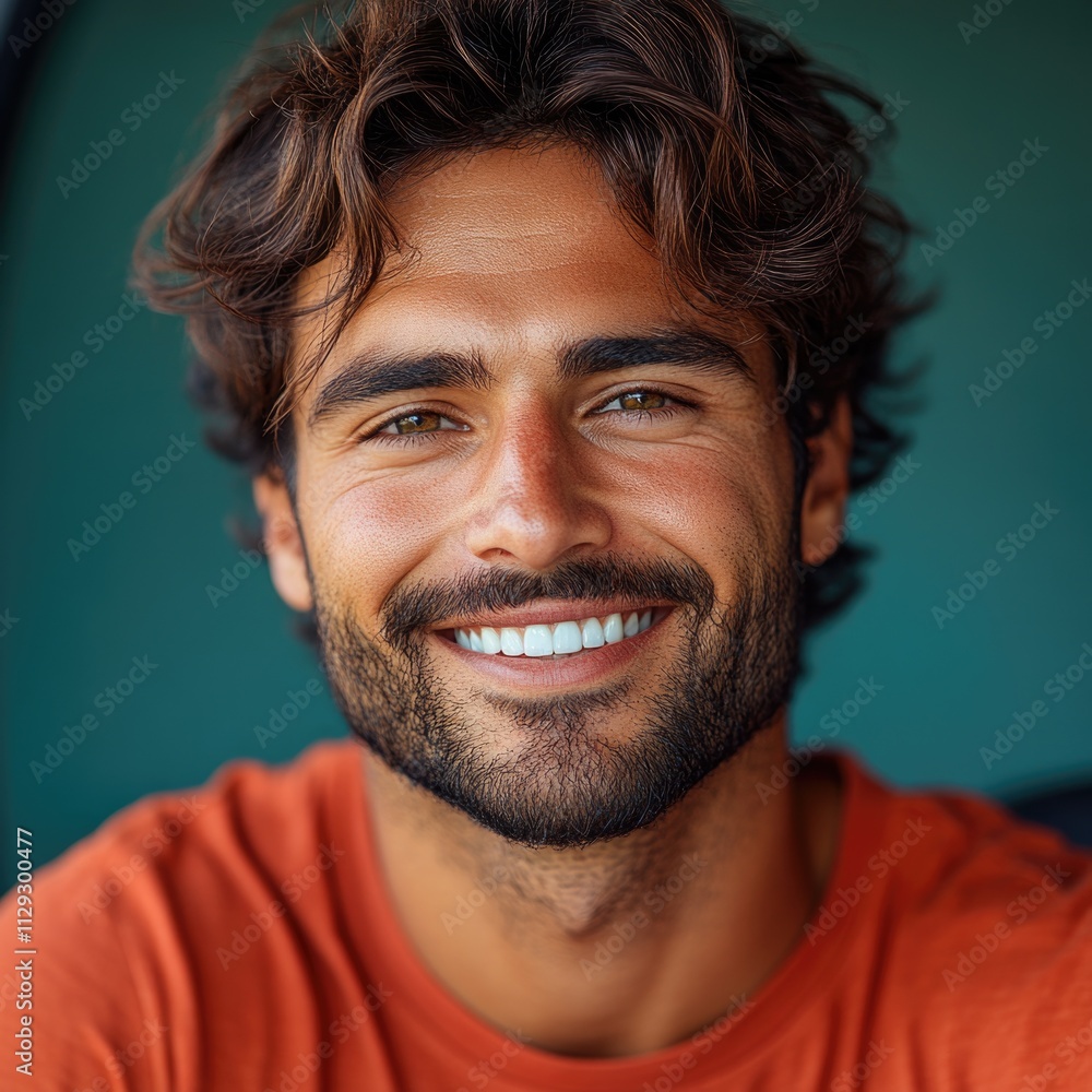 Poster a close-up shot of a man with a beard smiling, great for use in personal or business settings where 