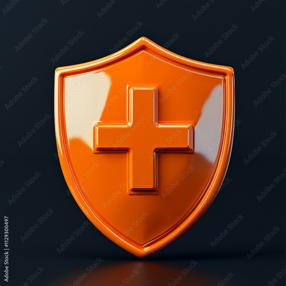 Poster a detailed 3d render showcasing an orange shield with a first aid cross, highlighted by soft lightin