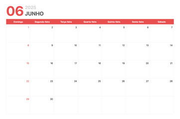 Calendário 2025. A semana do calendário 2025 começa no domingo. Calendário corporativo minimalista para Junho 2025