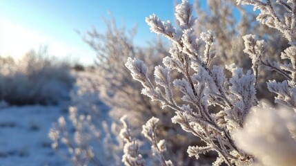 Obraz premium A field of snow covered plants with frost on the branches. Concept of stillness and tranquility, as the snow-covered plants appear to be frozen in time