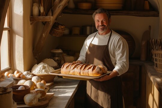 A man is holding a tray of bread in a kitchen