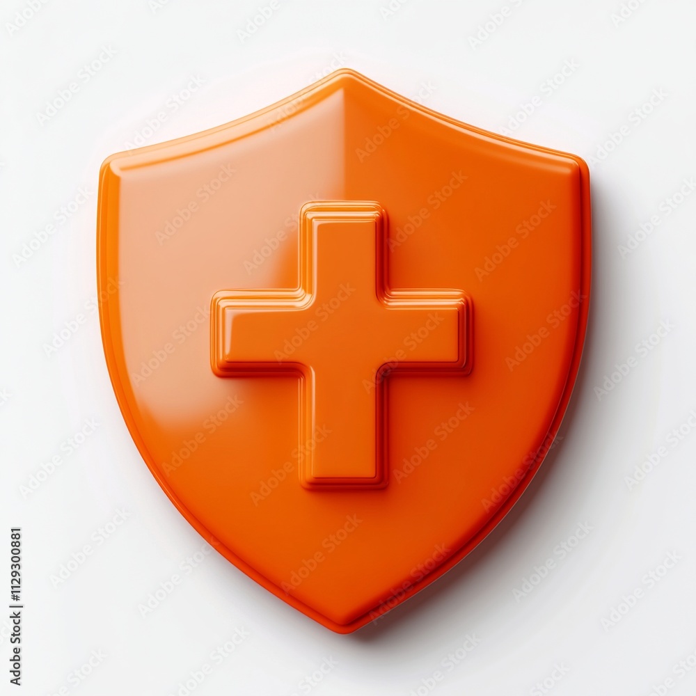 Poster a detailed 3d render showcasing an orange shield with a first aid cross, highlighted by soft lightin