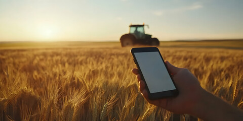 Farmer Embracing Technology in the Wheat Field with a Tractor in the Background--