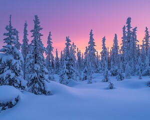 Calm snow-covered forest at twilight, glowing soft hues pink and purple in the sky