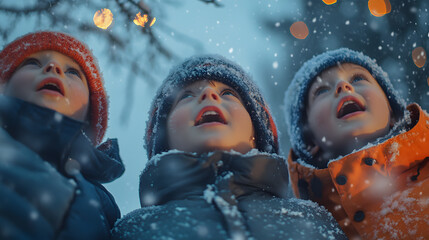 Children standing together in the snow their breath visible in the cold air faces lit up with excitement and joy.