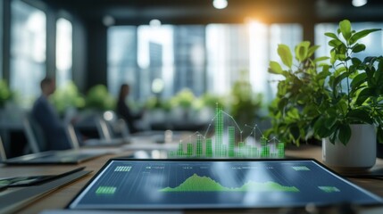 In a contemporary office setting, professionals engage with advanced technology showing green finance data. Lush plants enhance the atmosphere, highlighting a focus on sustainability and innovation.