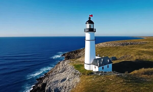 A stunning lighthouse overlooks the vast ocean from the rocky coastline, showcasing the beauty of nature and maritime history
