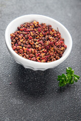 Sichuan pepper spice pepper peas fresh tasty food gourmet food background on the table rustic food top view copy space