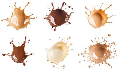 Six shades of liquid splashes isolated on white background.