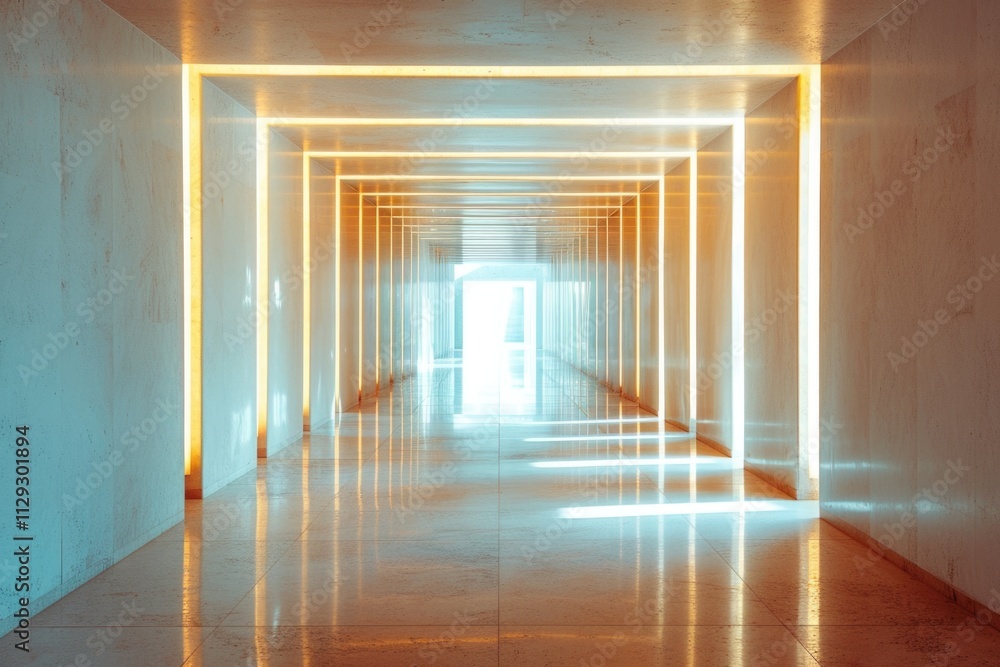 Poster a long hallway with a light at the end, useful for representing hope or guidance in various contexts