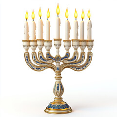 Fototapeta premium Decorative Hanukkah Menorah with Lit Candles on a White Background