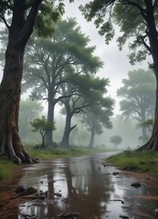 Rainy landscape with large trees and raindrops, nature, rain