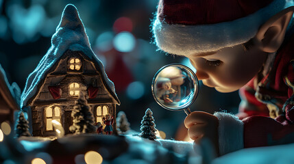 Elves checking toy quality using a magnifying glass ensuring each detail is perfect before packaging.