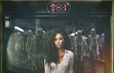 On the lower level, a woman with curly hair and a scar stands before an elevator, visibly distressed in a blood-stained white shirt, as zombies gather in the dark garage behind her.