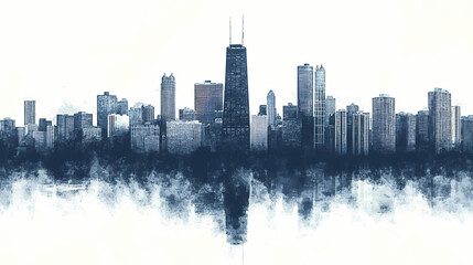 Obraz premium Minimalist chicago skyline in grunge style with reflection. Horizon. Illustration