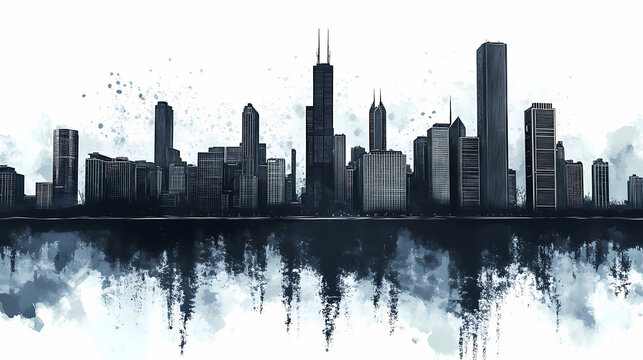 Minimalist chicago skyline in grunge style with reflection. Horizon. Illustration