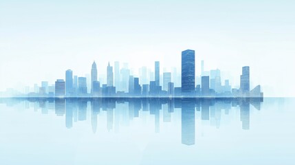 Fototapeta premium A minimalistic illustration of a futuristic smart city skyline reflected on a calm surface, featuring tall buildings in blue tones