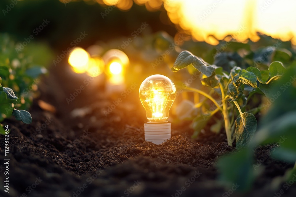 Poster a single light bulb sits in the middle of a green field, surrounded by nature