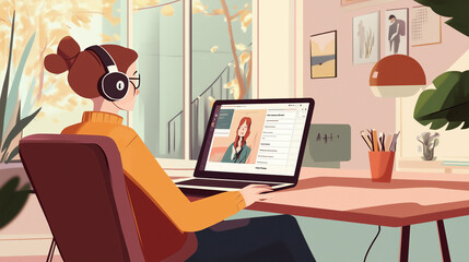 Illustrated woman in headphones learning on laptop with bright colors in a stylish home office