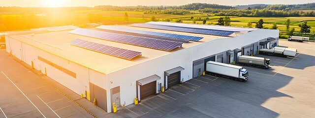 Aerial view of the roof with solar panels on an industrial building, in a white and grey color scheme, with trucks parked in front.