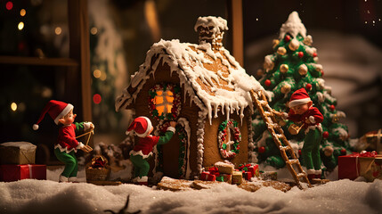Elves decorating a giant gingerbread house in the corner of the Christmas workshop icing it with snow-like frosting.